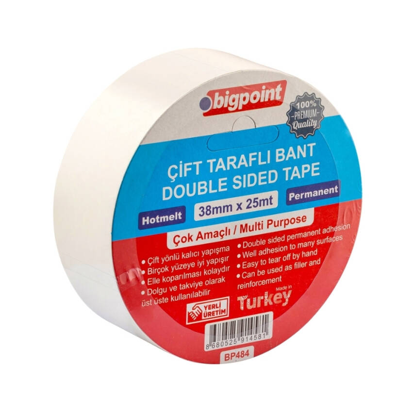 Bigpoint Çift Taraflı Hotmelt Bant, 38 mm x 25 m, Tüm Yüzeyler İçin - 1