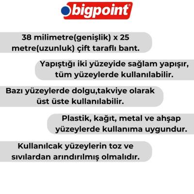 Bigpoint Çift Taraflı Hotmelt Bant, 38 mm x 25 m, Tüm Yüzeyler İçin - 3