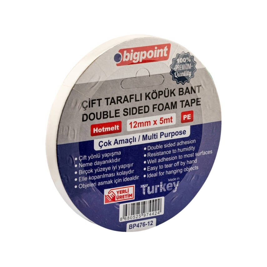 Bigpoint Çift Taraflı Köpük Bant, 12 mm x 5 m, Dayanıklı Montaj Bandı - 1