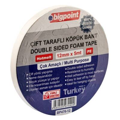 Bigpoint Çift Taraflı Köpük Bant, 12 mm x 5 m, Dayanıklı Montaj Bandı - 2