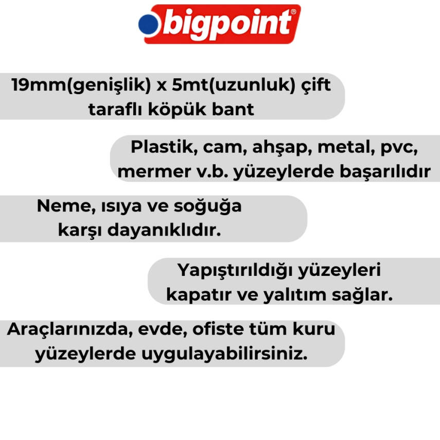 Bigpoint Çift Taraflı Köpük Hotmelt Bant, 19mm x 5m, Montaj İçin İdeal - 2