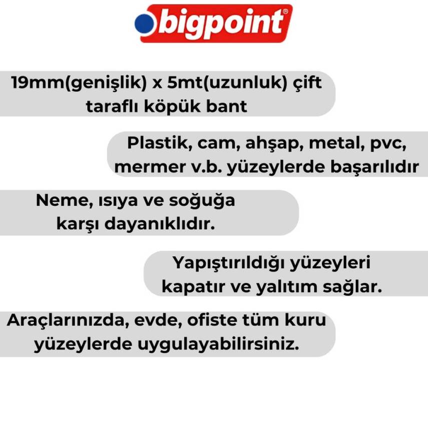 Bigpoint Çift Taraflı Köpük Hotmelt Bant, 19mm x 5m, Montaj İçin İdeal - 2