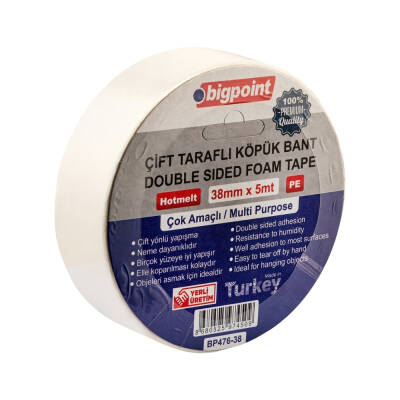 Bigpoint Çift Taraflı Köpük Hotmelt Bant, 38mm x 5m, Montaj İçin İdeal - 1