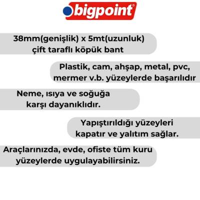 Bigpoint Çift Taraflı Köpük Hotmelt Bant, 38mm x 5m, Montaj İçin İdeal - 2