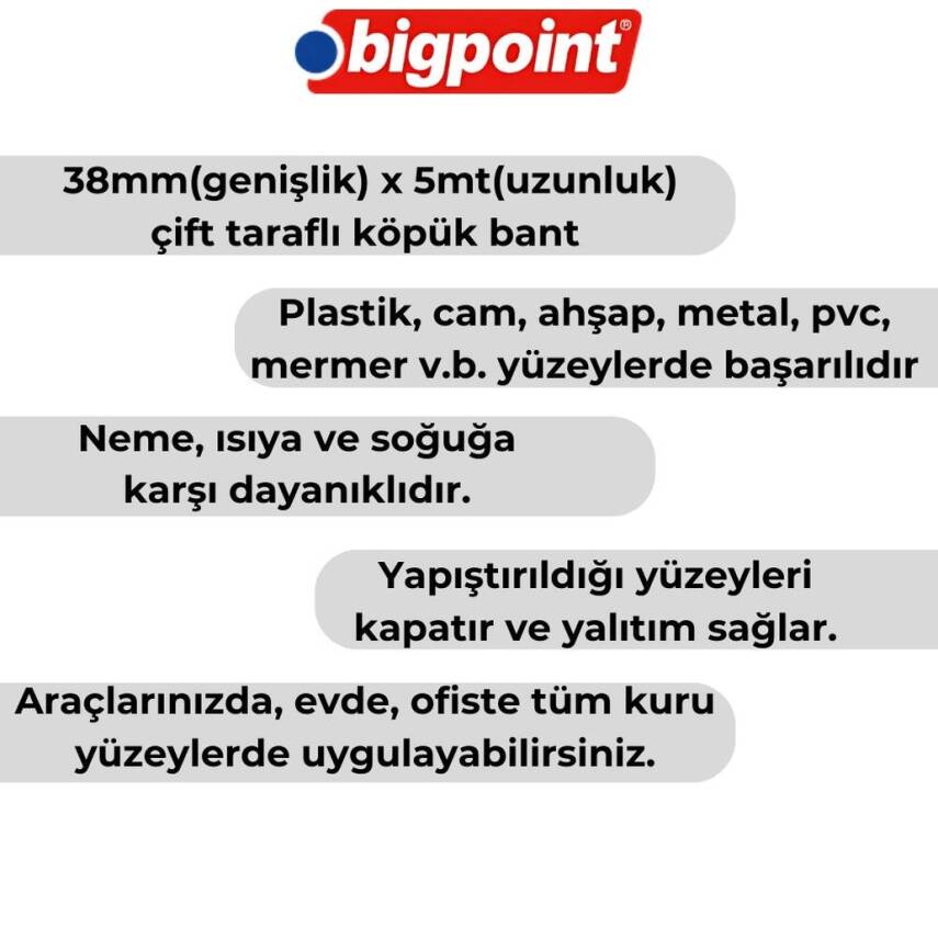 Bigpoint Çift Taraflı Köpük Hotmelt Bant, 38mm x 5m, Montaj İçin İdeal - 2