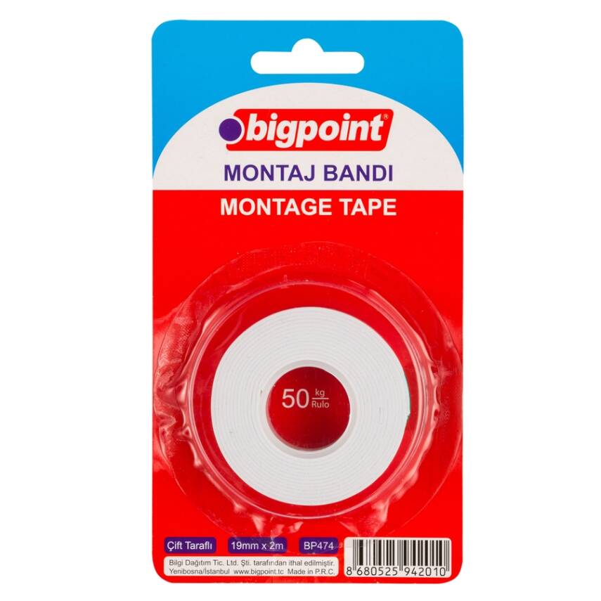 Bigpoint Çift Taraflı Montaj Bandı,19mmx1.5m, Süper Güçlü, İz Bırakmaz - 1