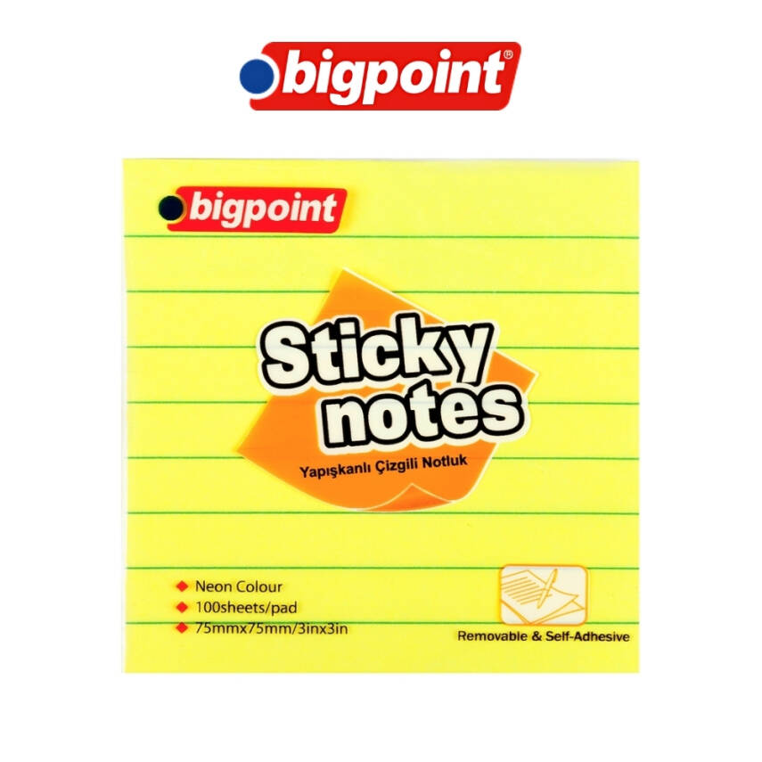 Bigpoint Çizgili Postit, 75x75 mm, 100 Yaprak, Neon Sarı - 3