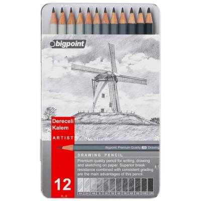 Bigpoint Dereceli Kalem Seti, 12’li, Metal Kutulu, Karakalem ve Çizim - Bigpoint