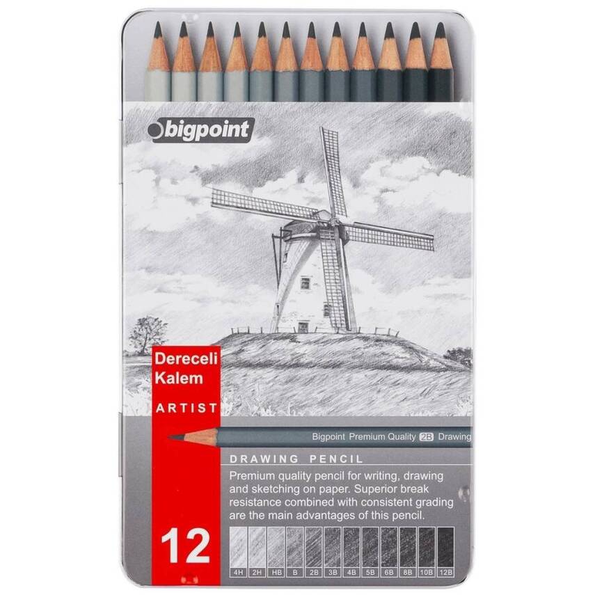 Bigpoint Dereceli Kalem Seti, 12’li, Metal Kutulu, Karakalem ve Çizim - 1