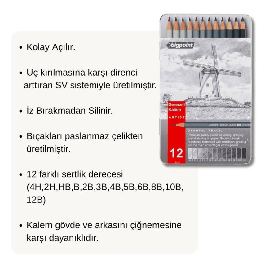 Bigpoint Dereceli Kalem Seti, 12’li, Metal Kutulu, Karakalem ve Çizim - 3