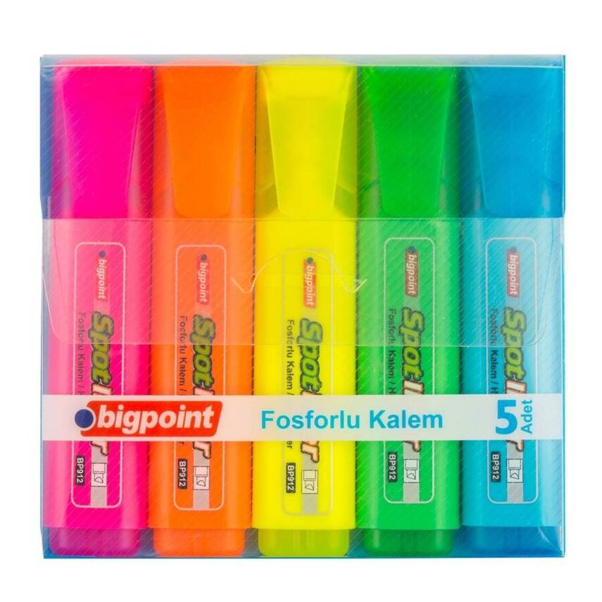 Bigpoint Fosforlu Kalem Seti, 5’li, Su Bazlı, Kurumaya Dayanıklı - 1