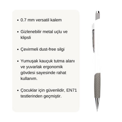 Bigpoint Grip Versatil Kalem, 0.7 mm, Metal Uç, Yumuşak Gövde, Beyaz - 3
