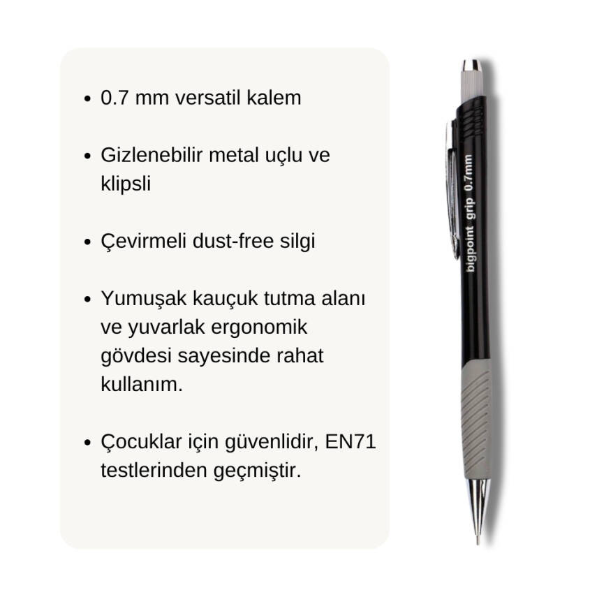 Bigpoint Grip Versatil Kalem, 0.7 mm, Metal Uç, Yumuşak Gövde, Siyah - 3