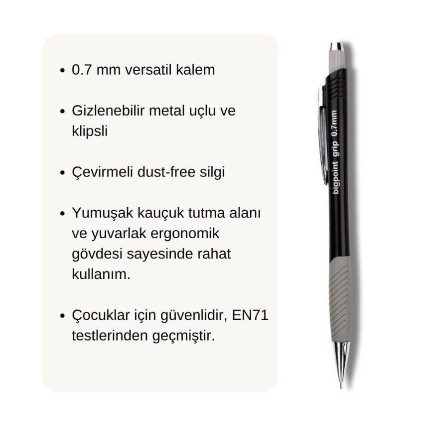 Bigpoint Grip Versatil Kalem, 0.7 mm, Metal Uç, Yumuşak Gövde, Siyah - 3