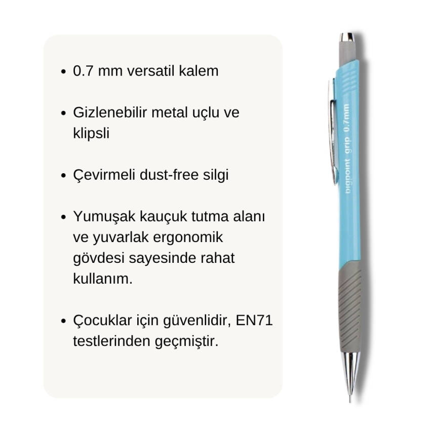 Bigpoint Grip Versatil Kalem, 0.7 mm, Metal Uç,Yumuşak Gövde,Açık Mavi - 3