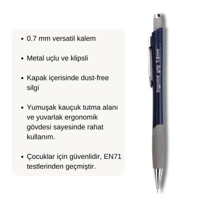 Bigpoint Grip Versatil Kalem, Lacivert, 0.9mm, Metal Uç, Yumuşak Gövde - 3