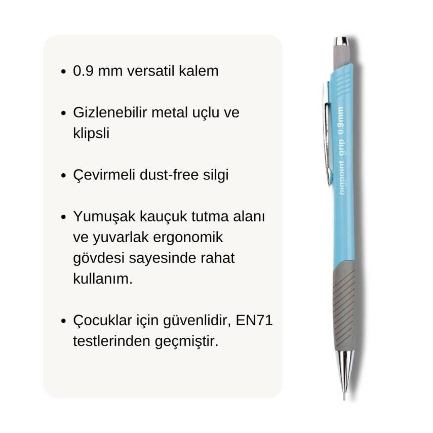 Bigpoint Grip Versatil Kalem, 0.9mm, Metal, Yumuşak Gövde, Açık Mavi - 3