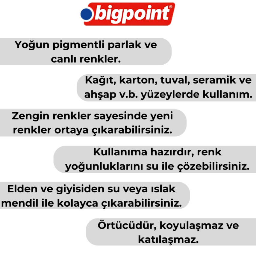 Bigpoint Guaj Boya Seti, 12ml Tüpx12 Renk, Yoğun Pigment, Koyulaşmaz - 2
