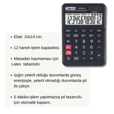 Bigpoint Hesap Makinesi, 12 Haneli, Güneş Enerjili, Ekstra Fonksiyonlu - 2