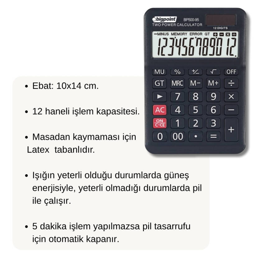 Bigpoint Hesap Makinesi, 12 Haneli, Güneş Enerjili, Ekstra Fonksiyonlu - 2
