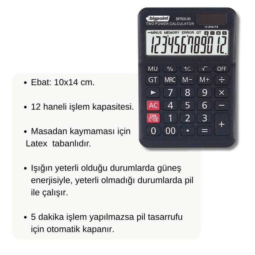 Bigpoint Hesap Makinesi, 12 Haneli, Güneş Enerjili, Ekstra Fonksiyonlu - 2