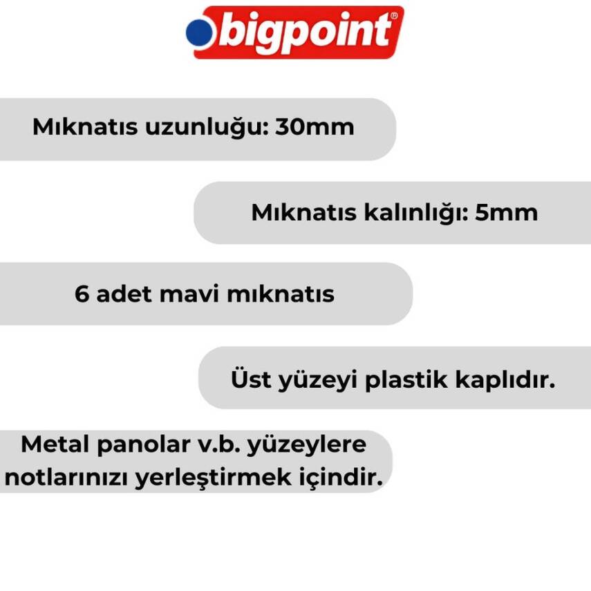 Bigpoint Magnet 30 mm Mıknatıs, Mavi, 6’lı Blister, Plastik Kaplama - 3