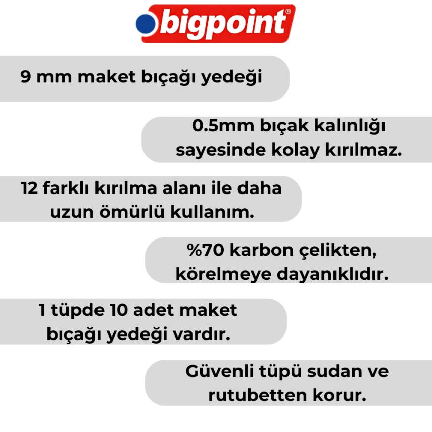 Bigpoint Maket Bıçağı Yedeği, 9mm,10’lu, Karbon Çelik,Keskin,Dayanıklı - 2