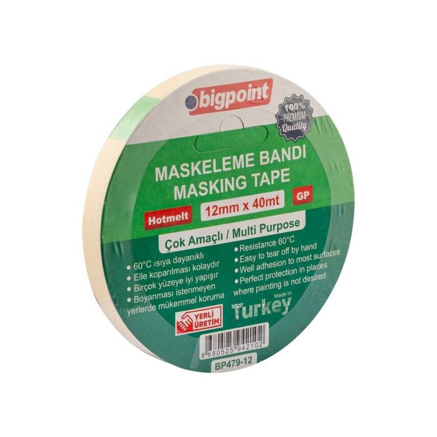 Bigpoint Maskeleme Bandı, 12 mm x 40 m, Hotmelt Tutkallı, Özel Yapışma - 1
