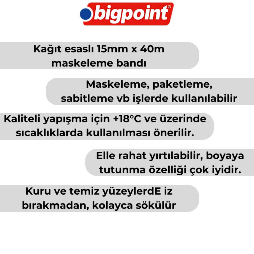 Bigpoint Maskeleme Bandı, 15 mm x 40 m, Hotmelt Tutkallı, Özel Yapışma - 3