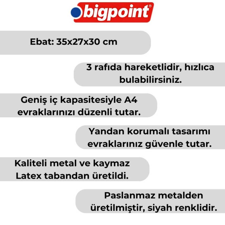 Bigpoint Metal Perfore Evrak Rafı, 3’lü, Siyah, Dayanıklı, A4, Letter - 2