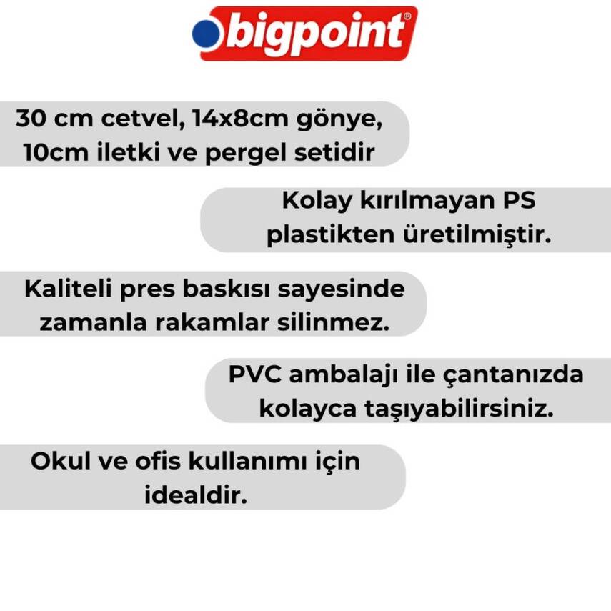 Bigpoint Pergelli Teknik Çizim Seti,30cm Cetvel, Gönye, İletki, Pergel - 2