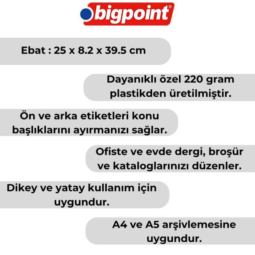 Bigpoint Plastik Kutu Klasör, 10 Adet, Dikey - Yatay, A4 - A5, Gri - 3