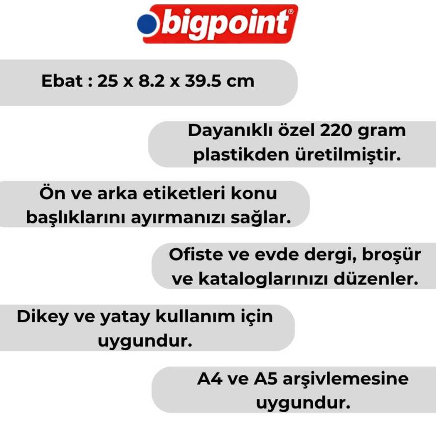 Bigpoint Plastik Kutu Klasör, 10 Adet, Dikey - Yatay, A4 - A5, Yeşil - 3