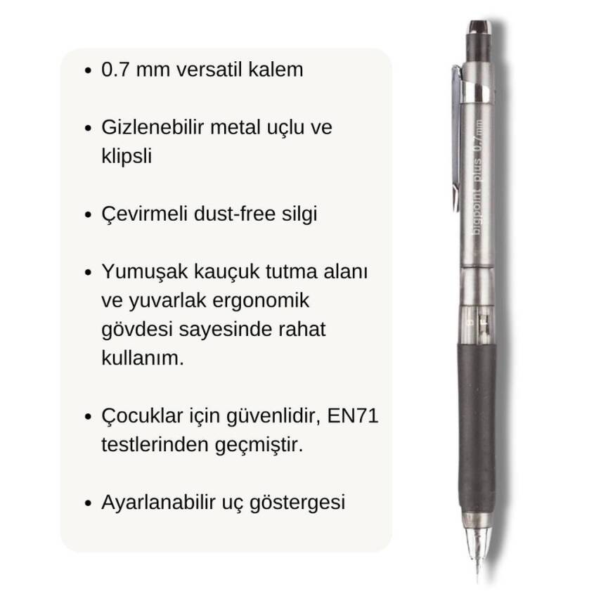 Bigpoint Plus Versatil Kalem, 0.7 mm, Metal Uç, Yumuşak Gövde, Gri - 3