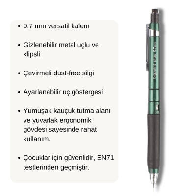 Bigpoint Plus Versatil Kalem, 0.7 mm, Metal Uç, Yumuşak Gövde, Yeşil - 3
