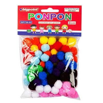 Bigpoint Ponpon, 2 cm, 10 Renk, 100’lü Poşet, El İşi Projelerine Uygun - Bigpoint