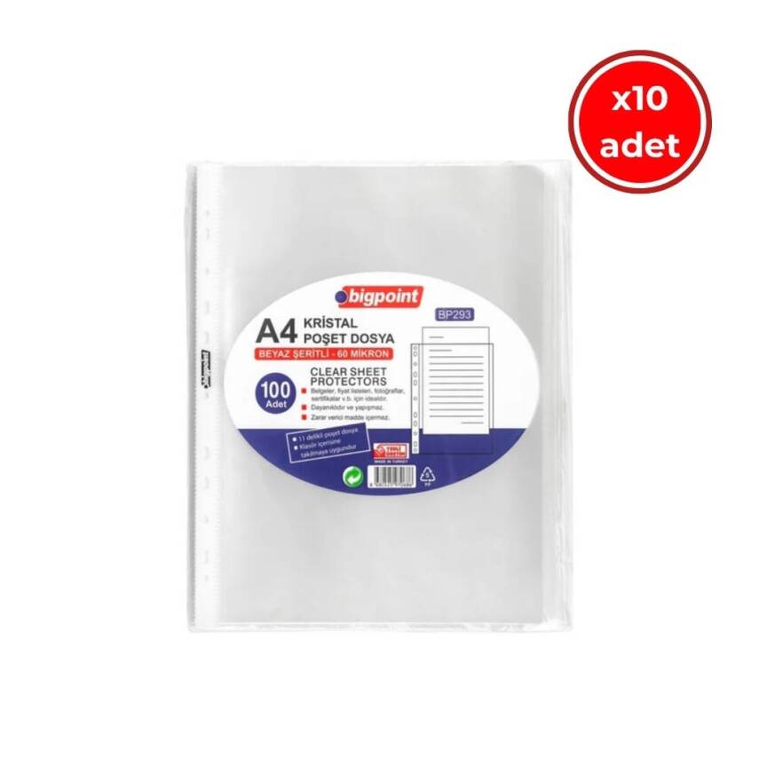 Bigpoint Poşet Dosya, 10 Adet, Kristal 60 Mikron, 100'lü, 11 Delikli - 1