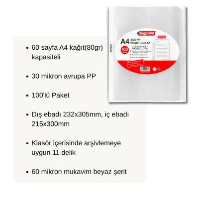 Bigpoint Poşet Dosya, A4, 100’lü, Eco Şeffaf, Klasör İçin Uygun - 3