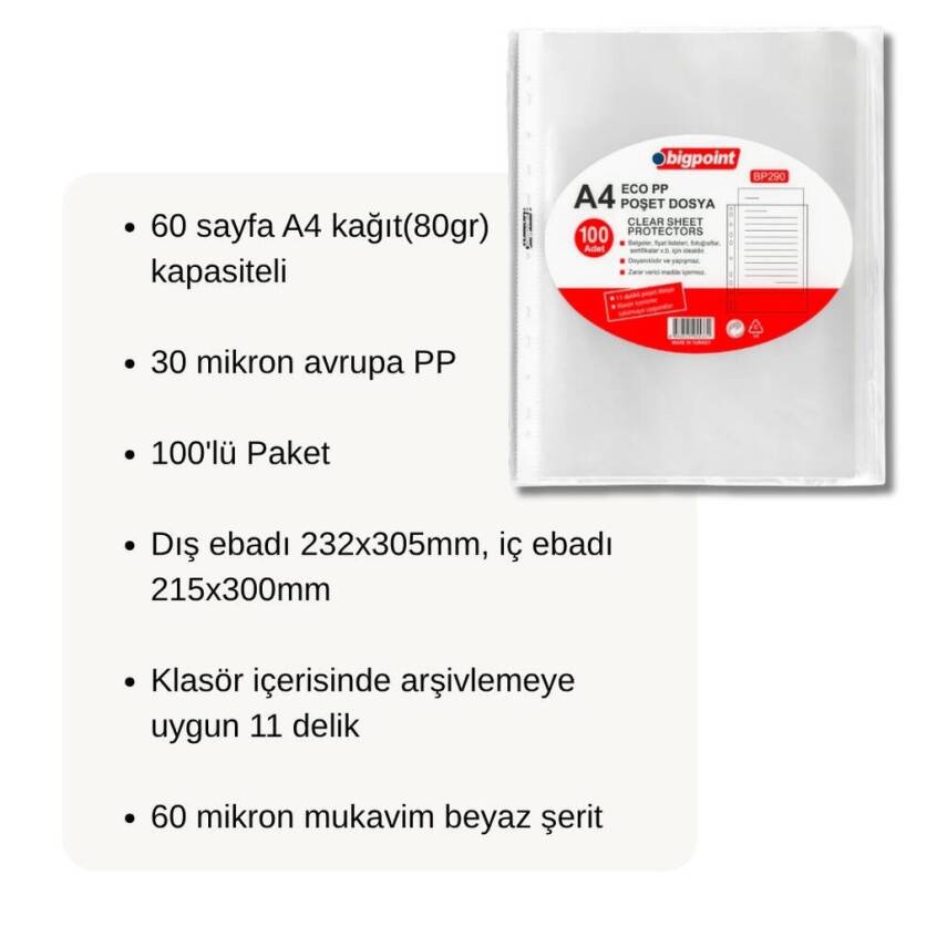 Bigpoint Poşet Dosya, A4, 100’lü, Eco Şeffaf, Klasör İçin Uygun - 3