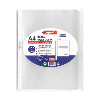 Bigpoint Poşet Dosya, Kristal, 60 Mikron, 100'lü, A4, 11 Delikli - Bigpoint