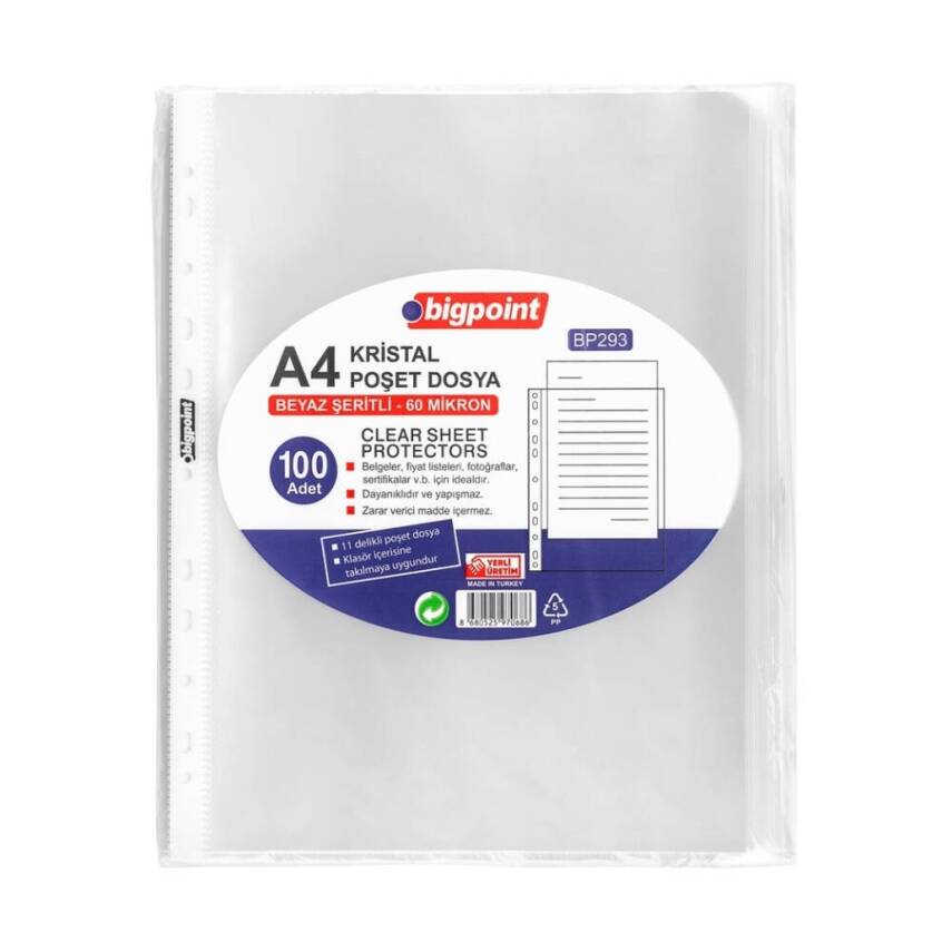 Bigpoint Poşet Dosya, Kristal, 60 Mikron, 100'lü, A4, 11 Delikli - 1
