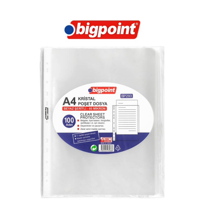 Bigpoint Poşet Dosya, Kristal, 60 Mikron, 100'lü, A4, 11 Delikli - 3