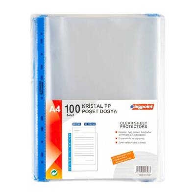 Bigpoint Poşet Dosya Mavi Şeritli, 90 Mikron, 100'lü, A4, 11 Delik - 2