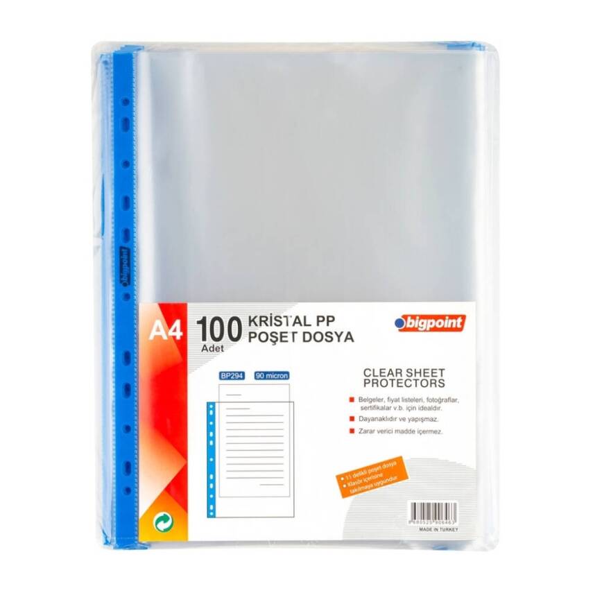 Bigpoint Poşet Dosya Mavi Şeritli, 90 Mikron, 100'lü, A4, 11 Delik - 2