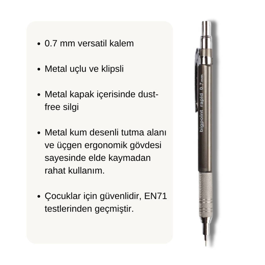 Bigpoint Rapid Versatil Kalem, 0.7 mm, Metal Uç, Kumlu Gövde, Gri - 2