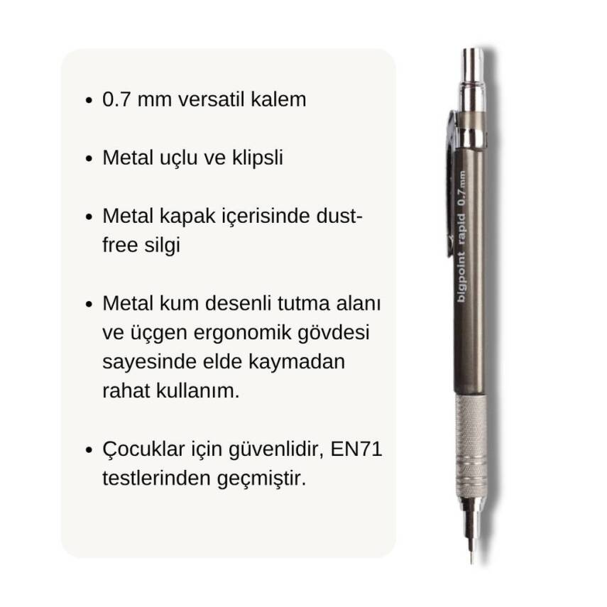 Bigpoint Rapid Versatil Kalem, 0.7 mm, Metal Uç, Kumlu Gövde, Gri - 2