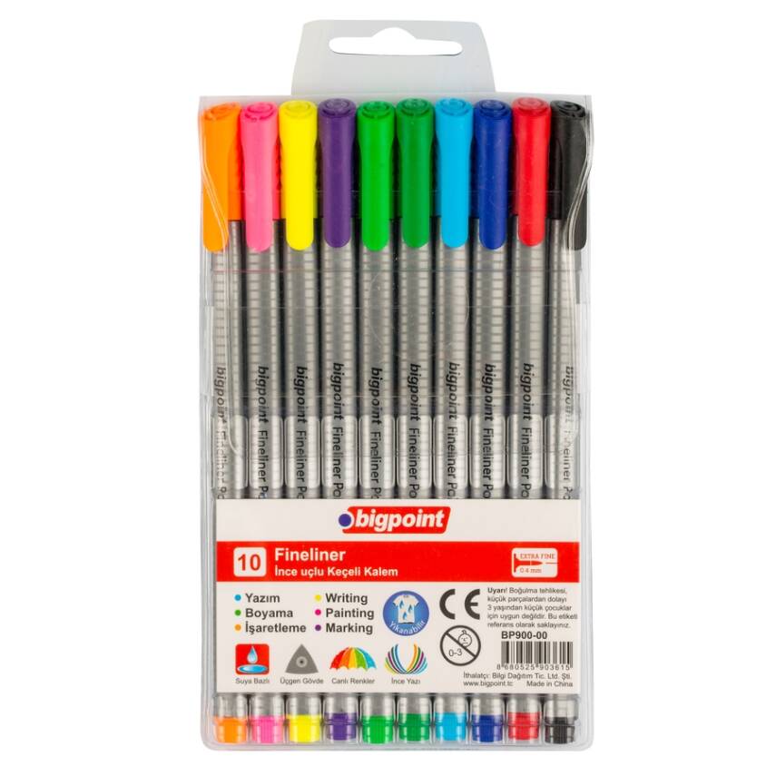 Bigpoint Renkli Fineliner Seti, 0.4mm Fiber Uç,Kokusuz Su Bazlı, 10’lu - 1