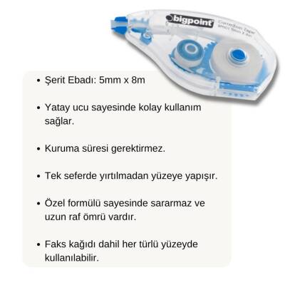 Bigpoint Şerit Daksil, 5 mm x 8 m, Fotokopi ve Mürekkep Uyumlu Silici - 3