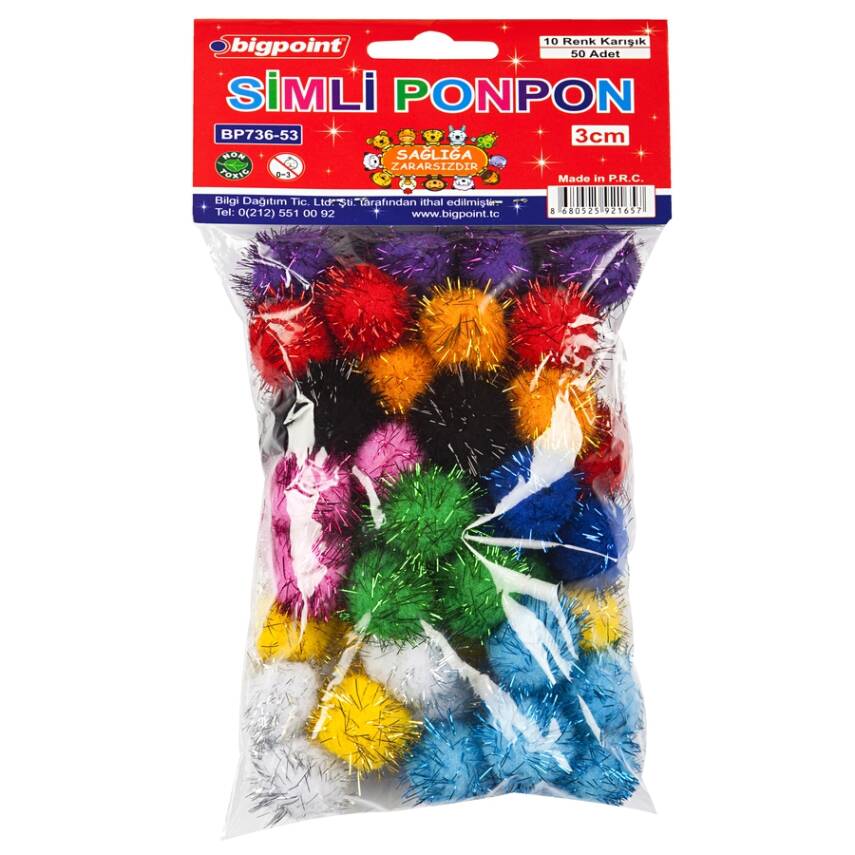 Bigpoint Simli Ponpon, 3 cm, 10 Renkli, 50’li Poşet, El İşi İçin Uygun - 1