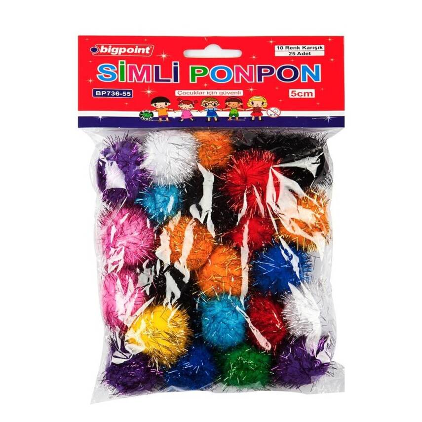 Bigpoint Simli Ponpon, 5 cm, 10 Renkli, 25’li Poşet, El İşi için Uygun - 1